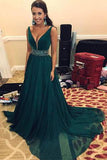 Elegant A Line Beads Green V Neck Long Chiffon Sleeveless Prom Dresses JS695