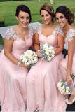 A-Line Pink Princess Cap Sleeves Sweetheart Floor-Length Beads Chiffon Bridesmaid Dresses JS509