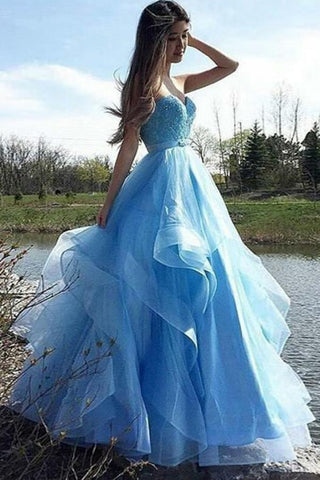 A-Line Sweetheart Strapless Blue Tulle Beads Sleeveless Ruffles Prom Dresses JS820