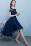 Dark Blue Lace Tulle Short Sleeve High Low Round Neck A-Line Short Prom Dresses JS408