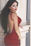 Sexy Burgundy Mermaid V-Neck Sleeveless Floor-Length Appliques Prom Dresses JS283