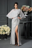 Elegant A-Line Grey One Shoulder Sleeveless Beads Slit Chiffon Mother of the Bride Dresses JS224