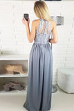 Charming A-Line Round Neck Split Front Grey Satin Sleeveless Prom Dresses UK with Lace JS442