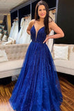 Pageant Dresses School Party Gown Sparkling Royal Blue A Line Deep Evening Dresses V Neck Prom Dresses