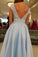 Elegant Cap Sleeves Sky Blue V Neck A Line Lace Appliques Prom Dresses