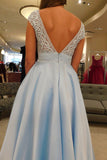 Elegant Cap Sleeves Sky Blue V Neck A Line Lace Appliques Prom Dresses