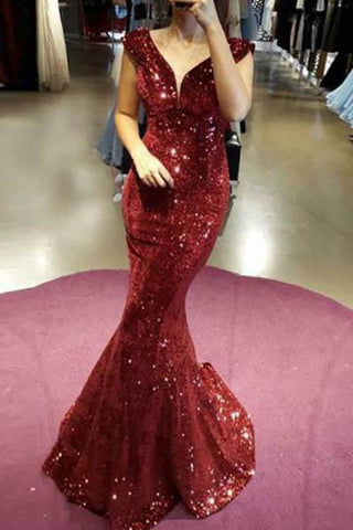 Stunning Red V Neck Cap Sleeves Mermaid Prom Dresses with Sequins