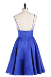 A Line Spaghetti Straps Royal Blue V Neck Backless Satin Knee Length Homecoming Dresses JS838