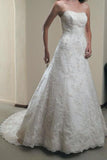 Elegant A Line Ivory Lace Appliques Sweetheart Strapless Sleeveless Long Wedding Dresses JS857