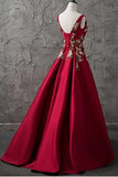 Chic Burgundy Cheap Scoop Long Lace up Satin Sleeveless Prom Dresses JS88