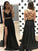 Sexy A Line V Neck Two Piece Sweetheart Cross Back Split Black Long Prom Dresses JS137