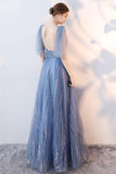 Elegant A-Line Blue Tulle V-Neck Backless Sleeveless Sweep Train Prom Dresses UK JS175