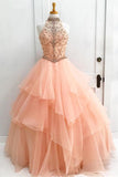 Chic A-Line Halter Open Back Sleeveless Pearl Pink Beading Tulle Modest Long Prom Dresses JS221