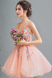 A Line Orange Cheap Ball Gown Spaghetti Straps Above Knee Flowers Homecoming Dresses JS959