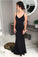 Mermaid V-Neck Court Train Black Stretch Satin Spaghetti Straps Prom Dress with Appliques JS461