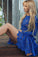 Cute A Line Round Neck Long Sleeves Royal Blue Lace Appliques Short Homecoming Dresses JS982