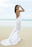 Beach Backless Sexy Mermaid Lace White Open Back Halter V-Neck Summer Wedding Dress JS698
