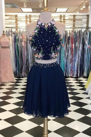 Unique Dark Blue Two Piece Short Prom Dress Halter Flowers Chiffon Homecoming Dresses JS758