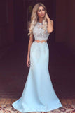 Elegant Two Piece Mermaid Blue Lace High Neck Cap Sleeve Satin Prom Dresses UK JS419