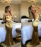 Elegant Mermaid Short Train Spaghetti Straps Long Sexy Gold V Neck Prom Dresses JS635