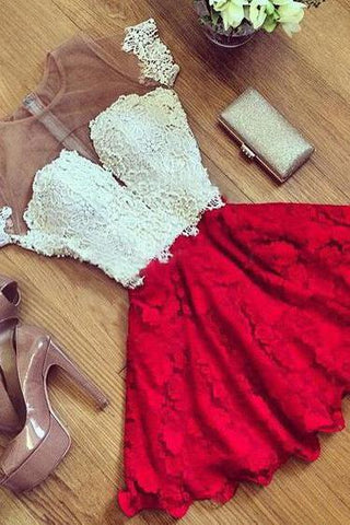 Cute Red Lace Short Sleeve Knee Length Homecoming Dress Cheap Cocktail Dresses JS470