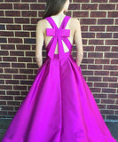 Gorgeous A Line Hot Pink Long with Ribbon Back V Neck Satin Deep V Neck Prom Dress JS607