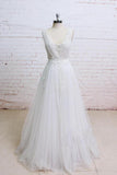 Elegant Ivory A Line Plunging Neckline Lace Appliqued Flowers Tulle Wedding Dresses JS649
