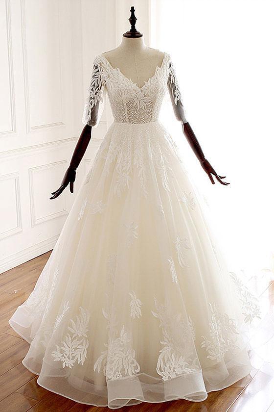 A Line Ivory V Neck Tulle Lace Half Sleeve Organza Long Prom Dresses Wedding Dress UK JS226