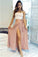 A-Line Two Piece Strapless Ankle-Length High Split Sleeveless Pink Chiffon Prom Dresses uk