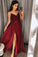 Chic A Line Spaghetti Straps Long Lace Burgundy V Neck Maxi High Split Prom Dresses JS655