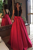 Red Open Back Beads Bowknot with Pockets Round Neck Sleeveless Prom Dresses UK JS511