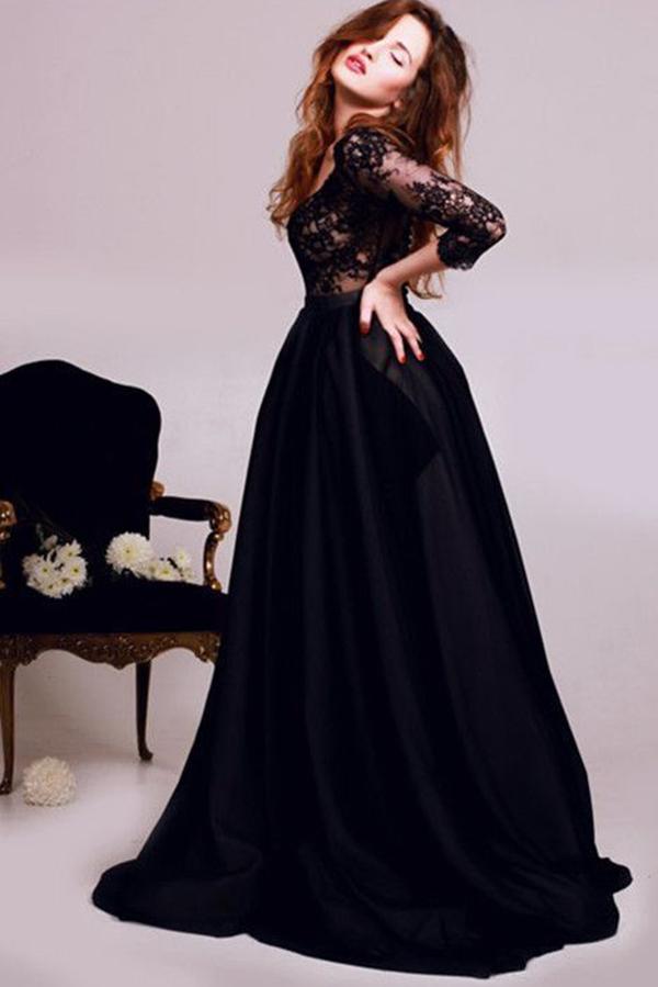 New Style Black 3/4 Sleeves Lace Satin V-Neck A-Line Floor-Length Evening Dresses UK JS282