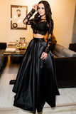 Two Piece Scoop A-Line Bateau Long Sleeves Black Floor Length Prom Dresses UK with Lace JS343