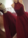 A Line Halter Tulle Burgundy Beads Sleeveless Long Party Dresses Prom Dresses JS75