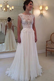 A Line Round Neckline Chiffon Lace Long Open Back Sleeves Wedding Dresses