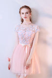 A Line Pink Tulle Cap Sleeves Scoop Short Prom Dresses with Flowers Homecoming Dress JS878