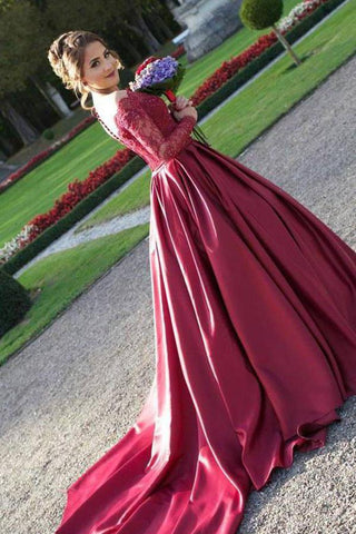 Long Sleeves Off the Shoulder Burgundy Sweetheart Satin Lace Ball Gown Prom Dresses UK JS435