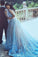 A-Line Square Chapel Train Sleeveless Blue Tulle Wedding Dress with Appliques Sash JS336