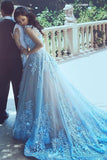 A-Line Square Chapel Train Sleeveless Blue Tulle Wedding Dress with Appliques Sash JS336