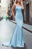 Elegant Amazing Beading Satin Scoop Mermaid Blue Backless Sleeveless Long Prom Dresses JS225