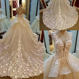 Lace Appliqued And Flowers Chapel Train Pretty Ball Gown Wedding Dresses JS564