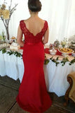 Red Button Backless Mermaid Cap Sleeves V-neck Long Lace Bridesmaid Dresses