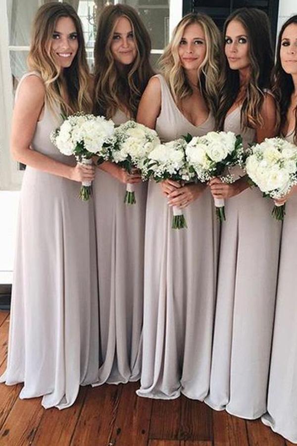 A Line V Neck Chiffon Sleeveless Gray Formal Cheap Prom Bridesmaid Dresses JS669