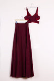 Elegant Two Pieces A-line V Neck Floor-length Burgundy Chiffon Cheap Prom Dresses JS671