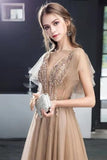 A Line V Neck Tulle Long Prom Dresses, Cheap Evening Dress with SJS20488