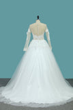 A Line Long Sleeves Tulle Scoop Wedding Dresses With Applique And Beads Sweep Train
