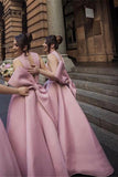 Ball Gown High Neck Satin V Neck Bridesmaid Dresses with Bowknot, Wedding Party Dress SJS15559