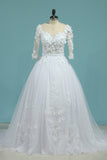 Wedding Dresses V Neck Mid-Length Sleeves Tulle With Applique