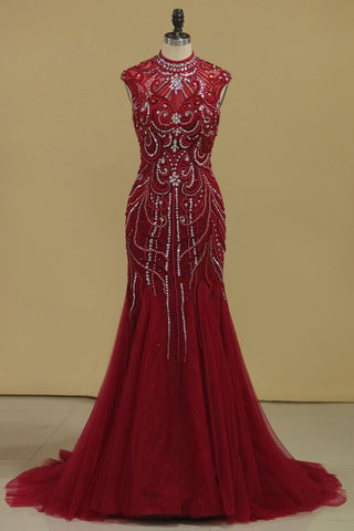 Burgundy Prom Dresses High Neck Mermaid With Beading Sweep Train Tulle&Lace