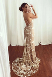Sexy Mermaid V Neck Lace Appliques Long Prom Dresses Spaghetti Straps Formal SJSPJE6FLPT
